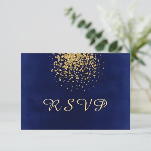 Koninklijk Blauw met een Splash van Gold Confetti RSVP Kaartje (Staand voorkant)