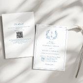 Koninklijk Blauw Monogram Krans QR Code Bruiloft Kaart