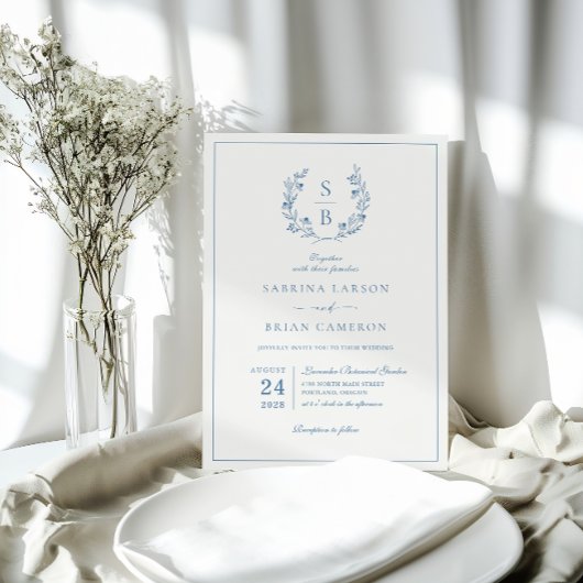 Koninklijk Blauw Monogram Krans QR Code Bruiloft Kaart