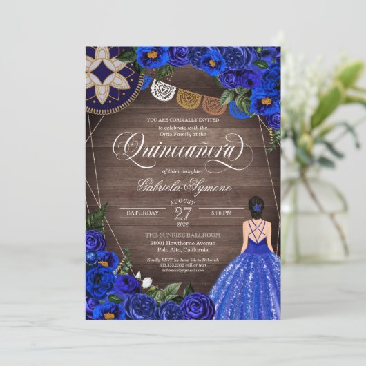 Koninklijk Blauw Roos Charro Land, Quinceanera Kaart (Staand voorkant)