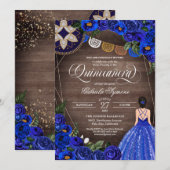 Koninklijk Blauw Roos Charro Land, Quinceanera Kaart (Voorkant / Achterkant)