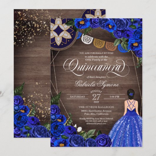 Koninklijk Blauw Roos Charro Land, Quinceanera Kaart (Voorkant / Achterkant)