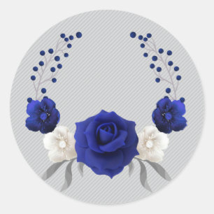 koninklijk blauw roos witte bloemen grijs ronde sticker