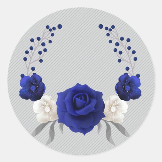 koninklijk blauw roos witte bloemen grijs ronde sticker (Voorkant)