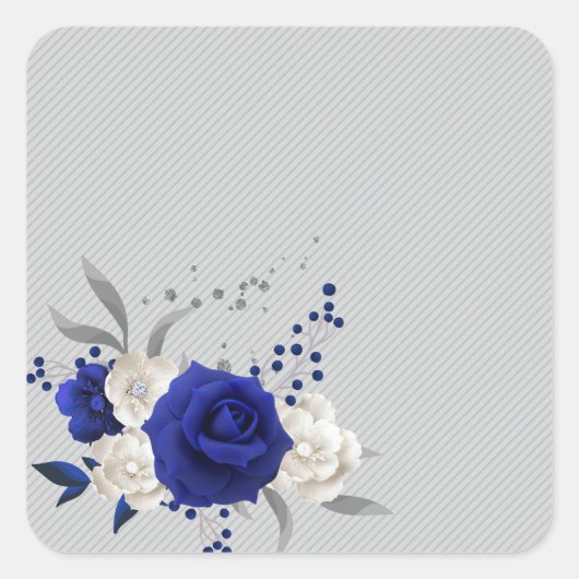 koninklijk blauw roos witte bloemen grijs vierkante sticker (Voorkant)