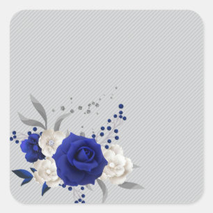 koninklijk blauw roos witte bloemen grijs vierkante sticker