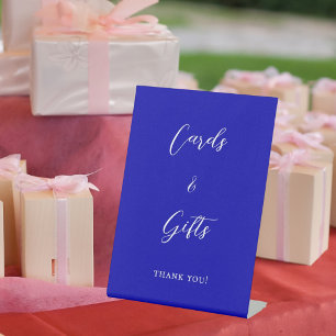 Koninklijk blauw script kaarten geschenken teken reclamebord met voetstuk