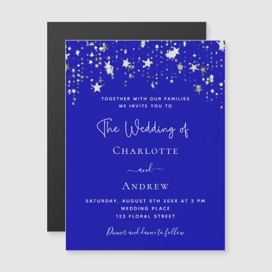 Koninklijk blauw sterrenschrift luxebruiloft magnetische uitnodiging (Voorkant / Achterkant)