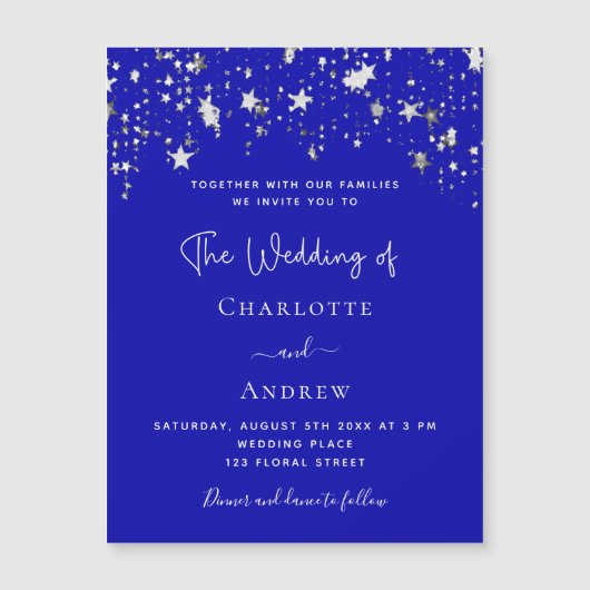 Koninklijk blauw sterrenschrift luxebruiloft magnetische uitnodiging (Voorkant)