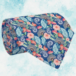 Koninklijk Blauw Turquoise Oranje Bloemmotief Vint Stropdas