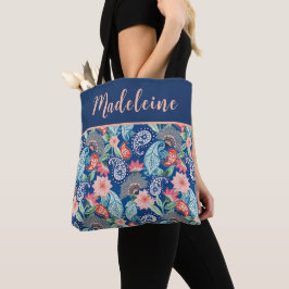 Koninklijk Blauw Turquoise Oranje Bloemrijk Vintag Tote Bag