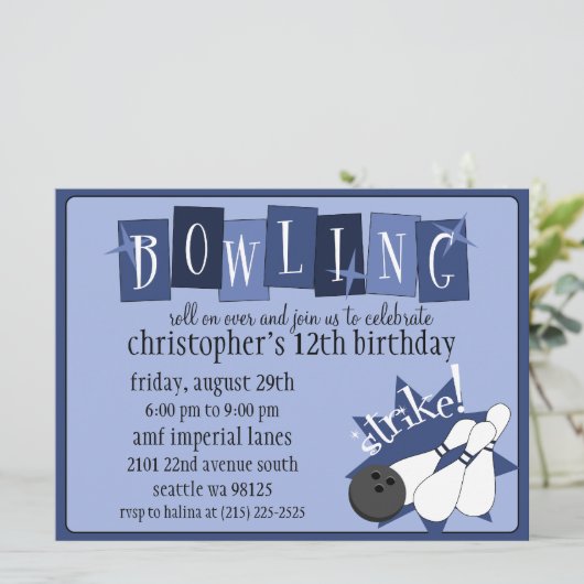 Koninklijk Blauw Volledig Retro Bowling Birthday P Kaart (Staand voorkant)