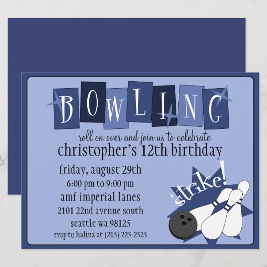 Koninklijk Blauw Volledig Retro Bowling Birthday P Kaart (Voorkant / Achterkant)