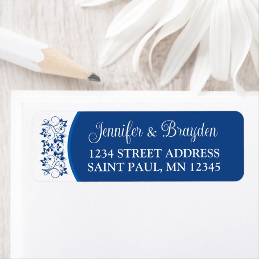Koninklijk Blauw, Wit Bloemen Bruiloft Adres Label (Insitu)
