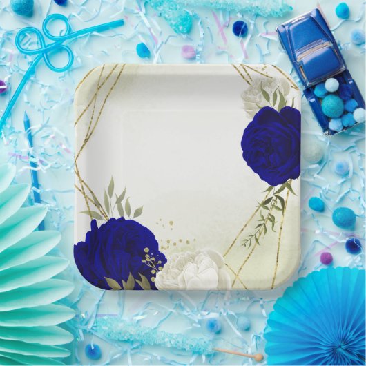 koninklijk blauw wit bloemen bruiloft papieren bordje (Feest)