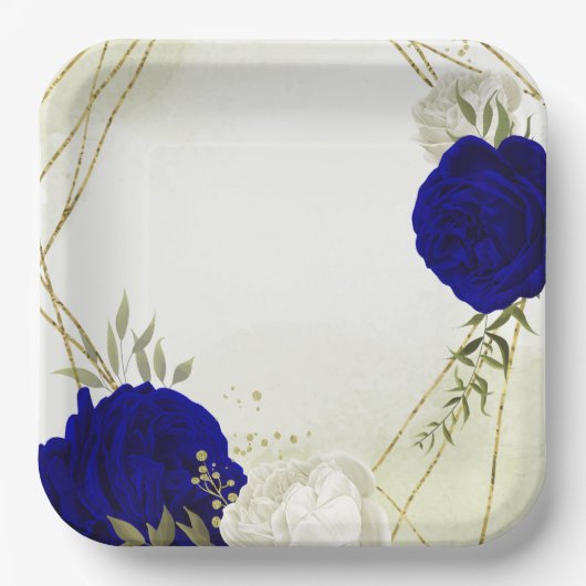 koninklijk blauw wit bloemen bruiloft papieren bordje (Voorkant)