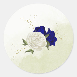 koninklijk blauw wit bloemen bruiloft ronde sticker