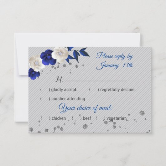 Koninklijk Blauw Wit Bloemen Grijs RSVP kaart (Voorkant)