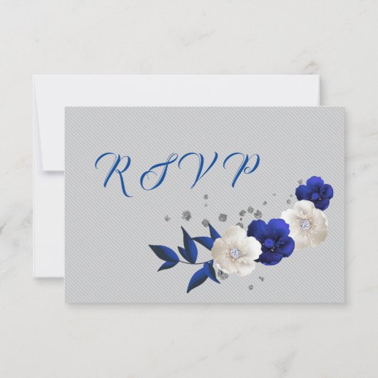 Koninklijk Blauw Wit Bloemen Grijs RSVP kaart (Achterkant)