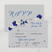Koninklijk Blauw Wit Bloemen Grijs RSVP kaart (Voorkant / Achterkant)