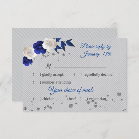 Koninklijk Blauw Wit Bloemen Grijs RSVP kaart (Voorkant / Achterkant)