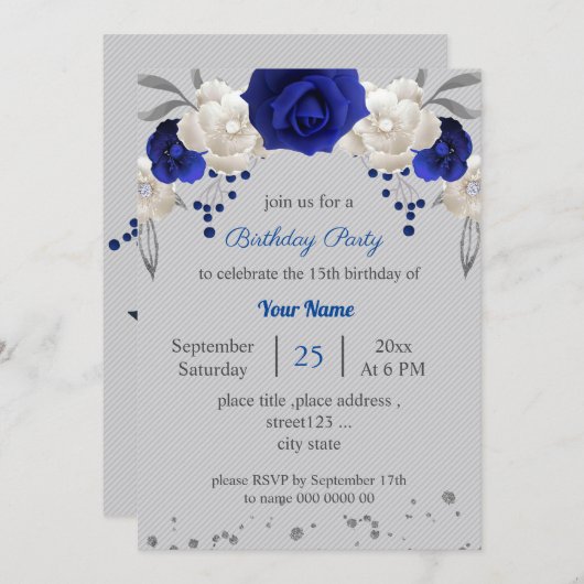 Koninklijk Blauw Wit Bloemen Grijze bladeren Verja Kaart (Voorkant / Achterkant)