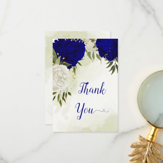 Koninklijk Blauw Wit Bloemen Groen Blad Bedankkaart (Voorkant / Achterkant in situ)