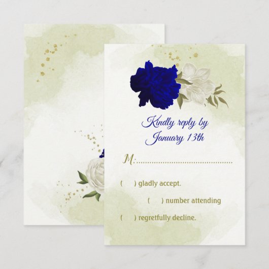 Koninklijk Blauw Wit Bloemen Groen Blad RSVP Kaartje (Voorkant / Achterkant)