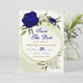 Koninklijk Blauw Wit Bloemen Groen Blad Save The Date (Staand voorkant)