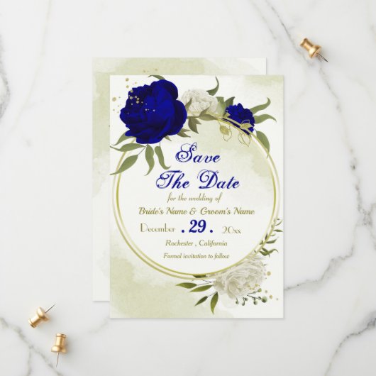 Koninklijk Blauw Wit Bloemen Groen Blad Save The Date (Voorkant / Achterkant in situ)