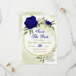 Koninklijk Blauw Wit Bloemen Groen Blad Save The Date