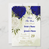 Koninklijk Blauw Wit Bloemen Groen Blad Save The Date (Voorkant)