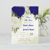 Koninklijk Blauw Wit Bloemen Groen Blad Save The Date (Staand voorkant)