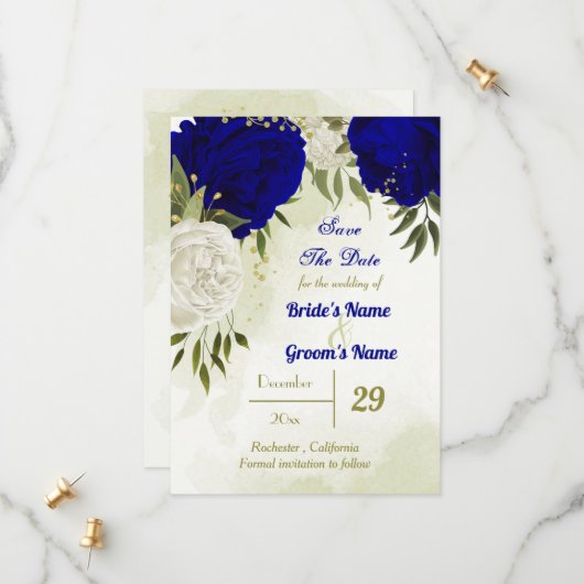 Koninklijk Blauw Wit Bloemen Groen Blad Save The Date (Voorkant / Achterkant in situ)
