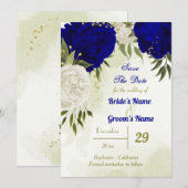 Koninklijk Blauw Wit Bloemen Groen Blad Save The Date (Voorkant / Achterkant)