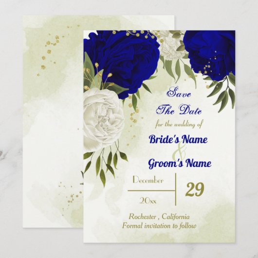 Koninklijk Blauw Wit Bloemen Groen Blad Save The Date (Voorkant / Achterkant)