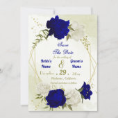 Koninklijk Blauw Wit Bloemen Groen Blad Save The Date (Voorkant)