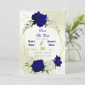 Koninklijk Blauw Wit Bloemen Groen Blad Save The Date (Staand voorkant)