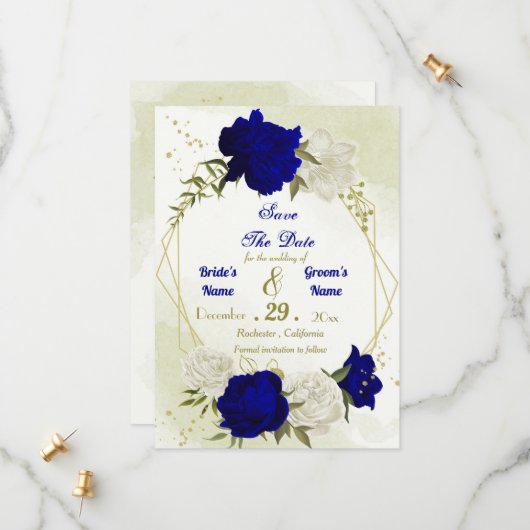 Koninklijk Blauw Wit Bloemen Groen Blad Save The Date (Voorkant / Achterkant in situ)