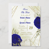 Koninklijk Blauw Wit Bloemen Groen Blad Save The Date (Voorkant)