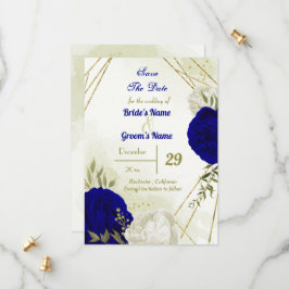 Koninklijk Blauw Wit Bloemen Groen Blad Save The Date