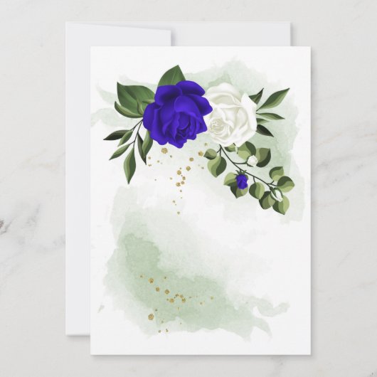 koninklijk blauw wit bloemen groen huwelijk kaart (Achterkant)