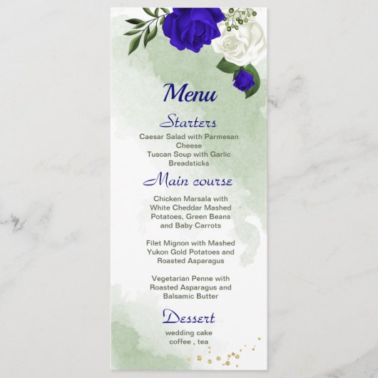 koninklijk blauw wit bloemen groen huwelijk menu (Voorkant)