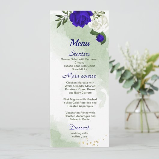 koninklijk blauw wit bloemen groen huwelijk menu (Staand voorkant)
