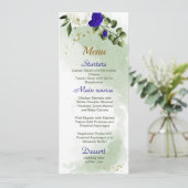 koninklijk blauw wit bloemen groen huwelijk menu (Staand voorkant)