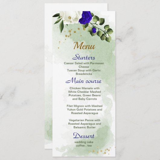 koninklijk blauw wit bloemen groen huwelijk menu (Voorkant / Achterkant)