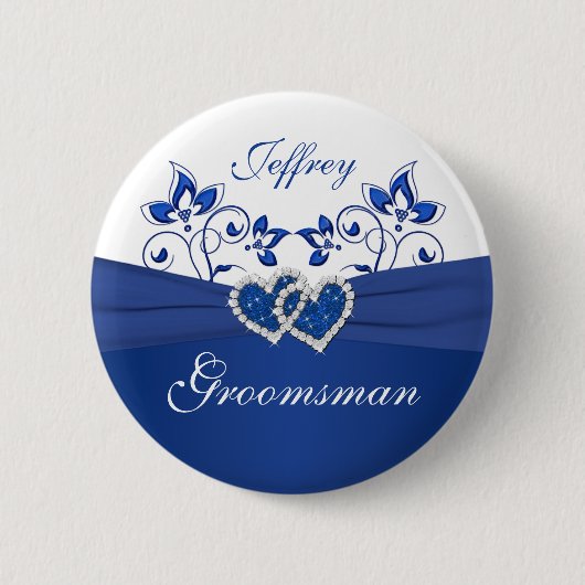 Koninklijk Blauw, Wit Bloemen Groomsman Pin Ronde Button 5,7 Cm (Voorkant)