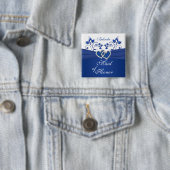 Koninklijk Blauw, Wit Bloemen Maid of Honor Pin Vierkante Button 5,1 Cm (In situ)