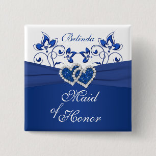 Koninklijk Blauw, Wit Bloemen Maid of Honor Pin Vierkante Button 5,1 Cm
