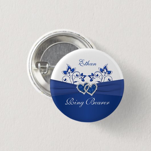 Koninklijk Blauw, Wit Bloemen Ring Drager Pin Ronde Button 3,2 Cm (Voorkant /achterkant)